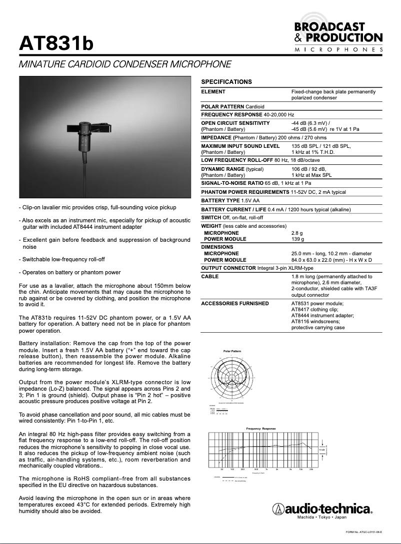Page 1 de la notice Manuel utilisateur Audio-Technica AT831b