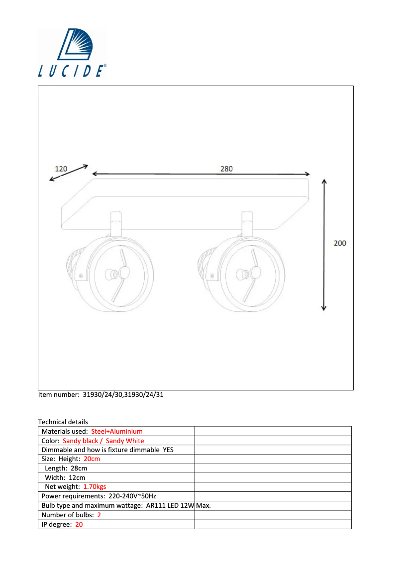 Page 1 de la notice Manuel utilisateur Lucide Tala led 31930/24/31