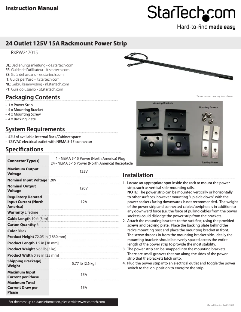 Página 1 del manual Manual de usuario StarTech.com RKPW247015