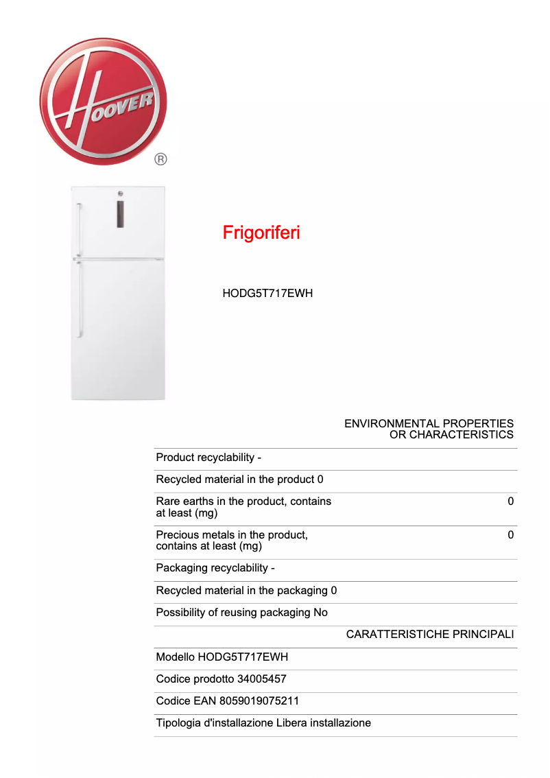 Page n°1 - Fiche technique Hoover HODG5T717EWH