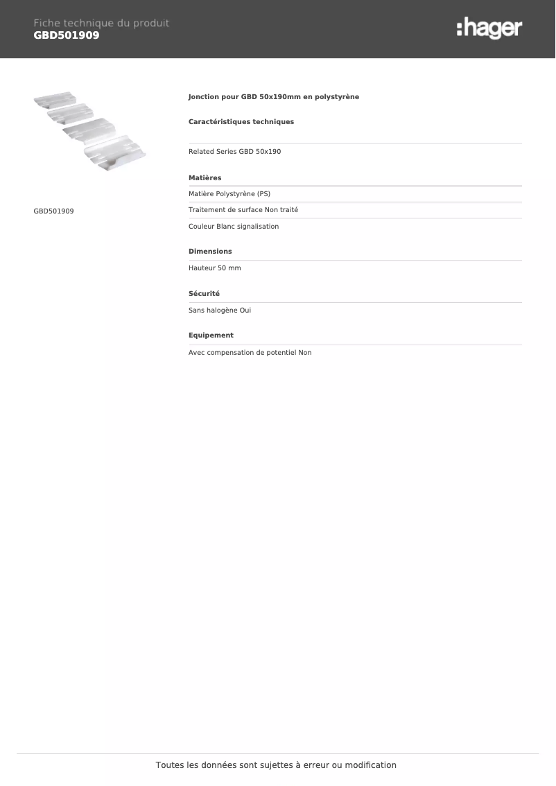 Page 1 de la notice Fiche technique Hager GBD501909