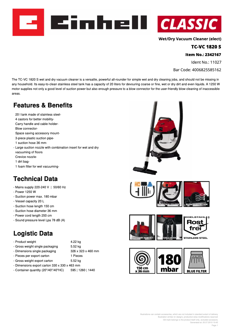 Page n°1 - Fiche technique Einhell TC-VC 1820 S