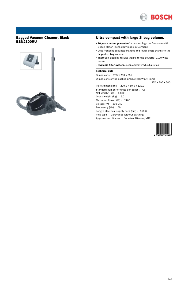 Página 1 del manual Ficha técnica Bosch BSN2100RU