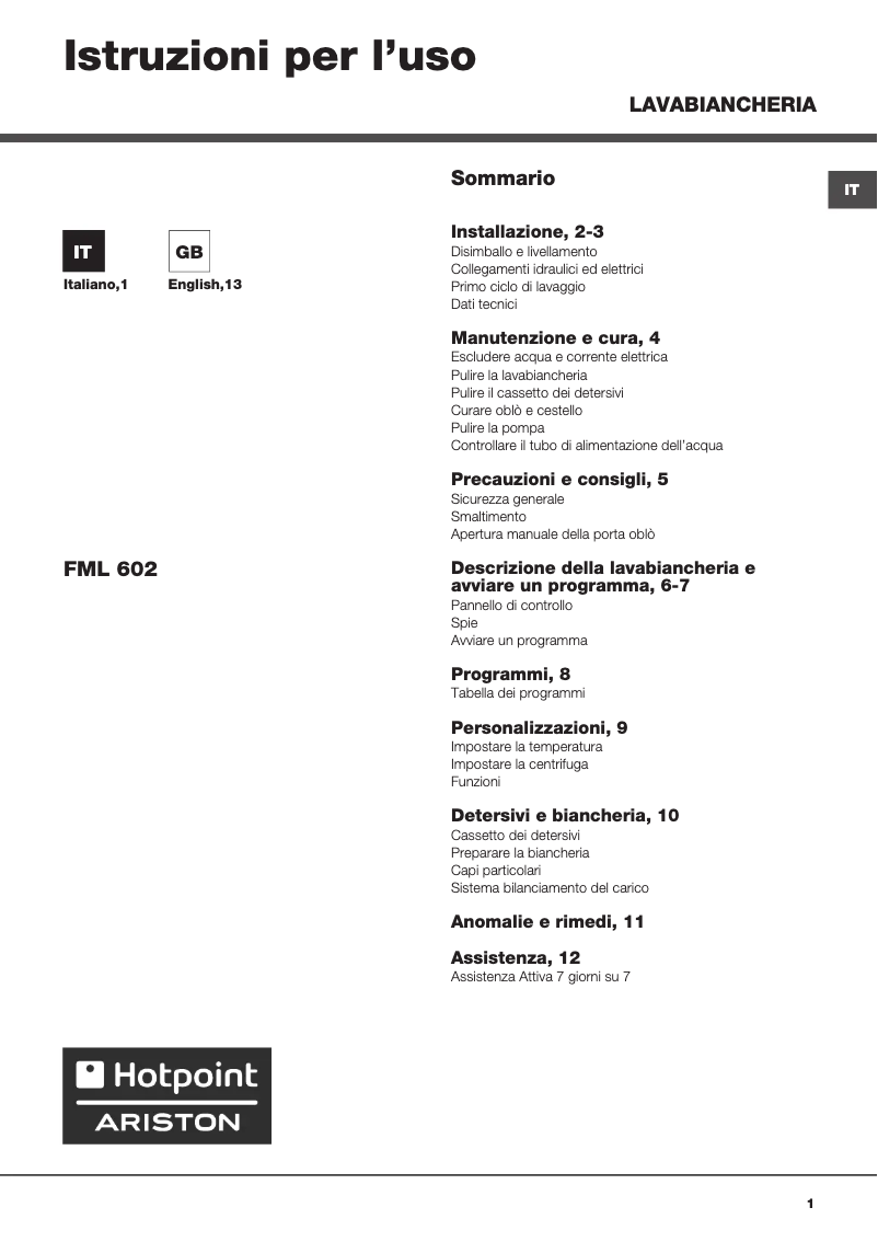 Page n°1 - Manuel utilisateur Hotpoint FML 602 EU