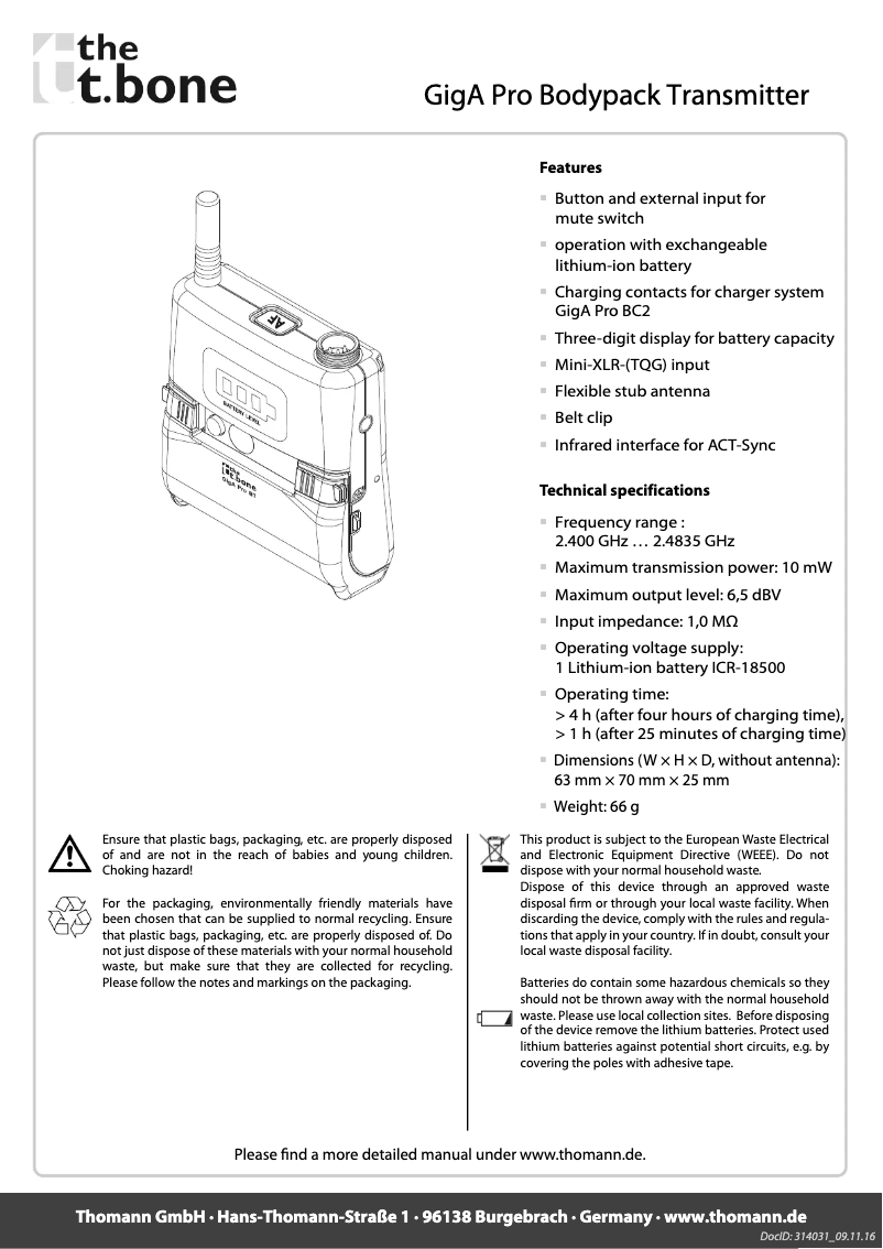 Page 1 de la notice Manuel utilisateur the t.bone GigA Pro Bodypack Transmitter