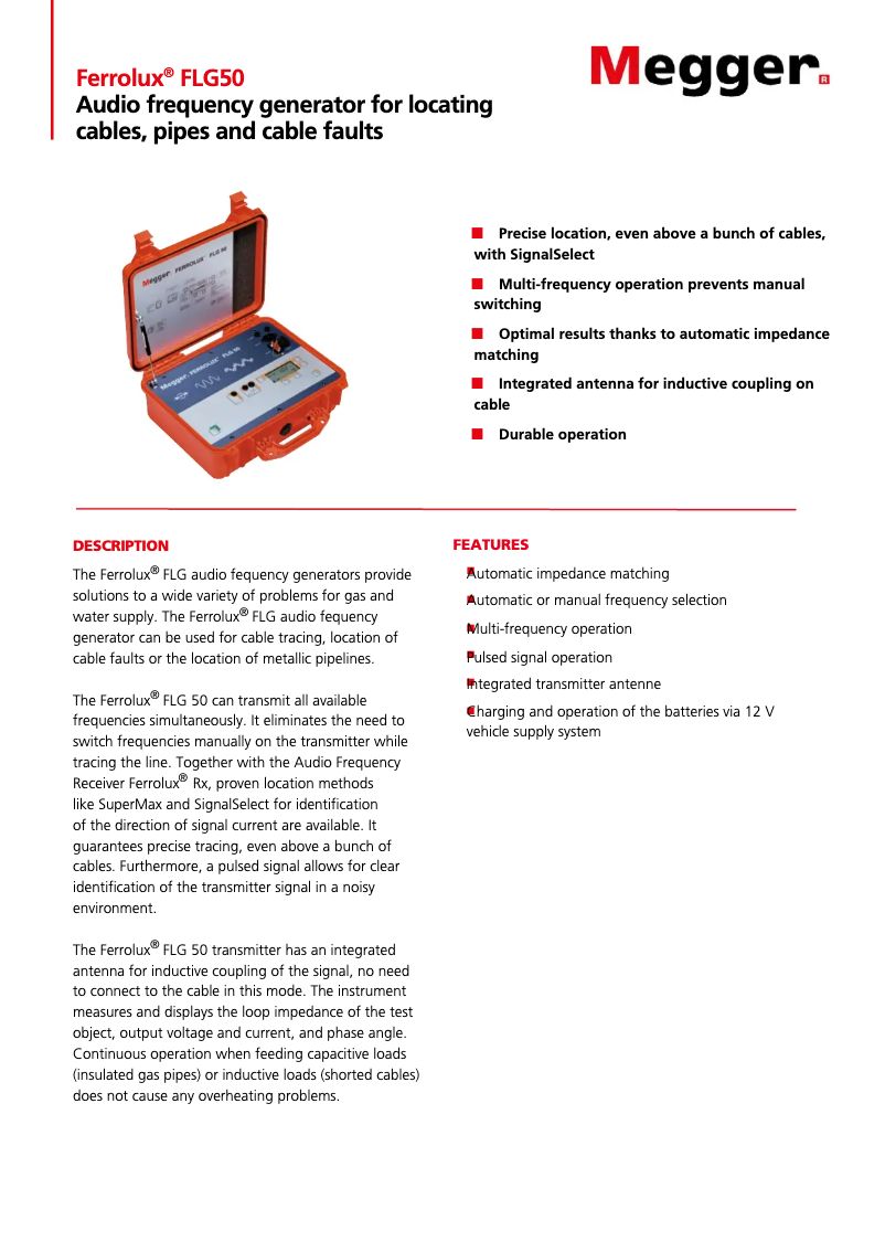 Page 1 de la notice Fiche technique Megger Ferrolux FLG50