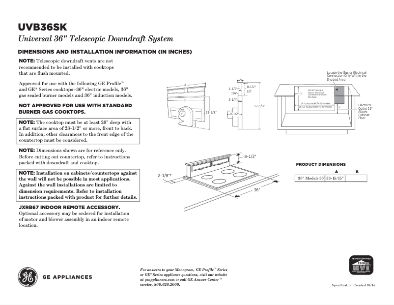 Page 1 de la notice Fiche technique GE UVB36SKSS