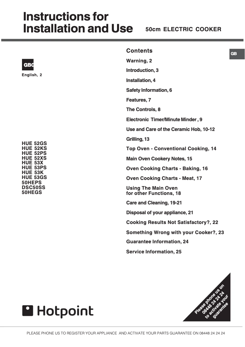 Page 1 de la notice Manuel utilisateur Hotpoint HUE52GS