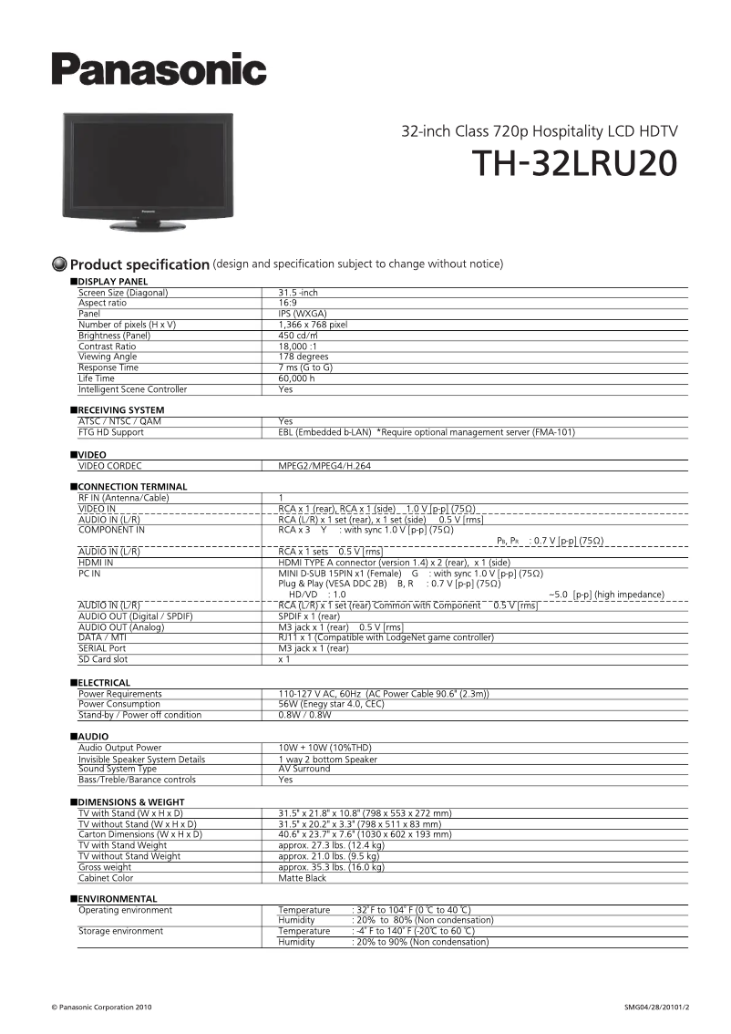 Page 1 de la notice Manuel utilisateur Panasonic TH-32LRU20
