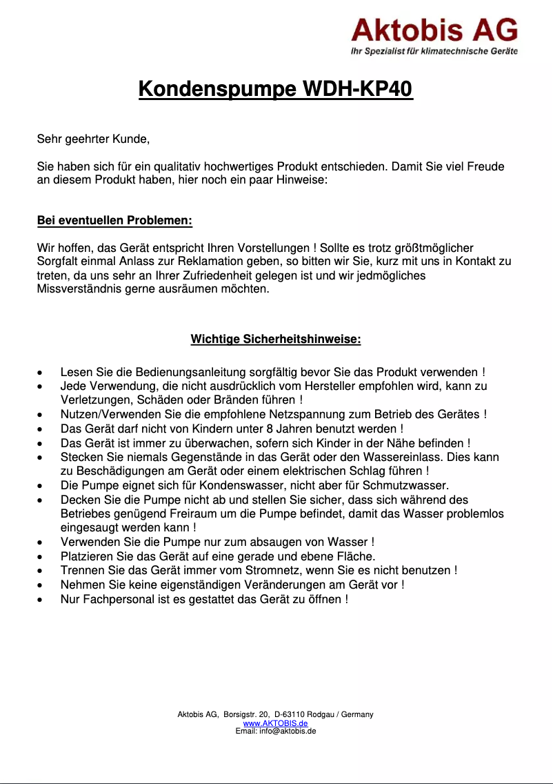 Page 1 de la notice Manuel utilisateur Aktobis WDH-KP40