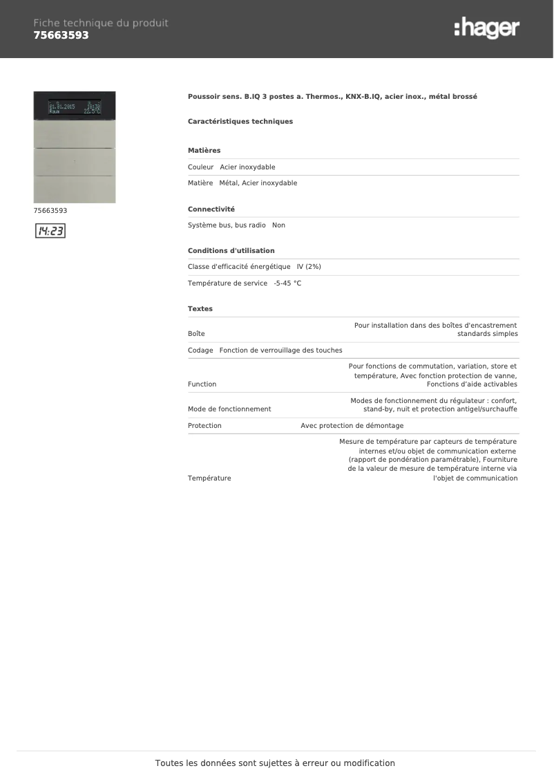 Page n°1 - Fiche technique Hager 75663593