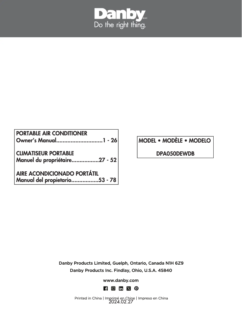 Page 1 de la notice Manuel utilisateur Danby DPA050CEWDB