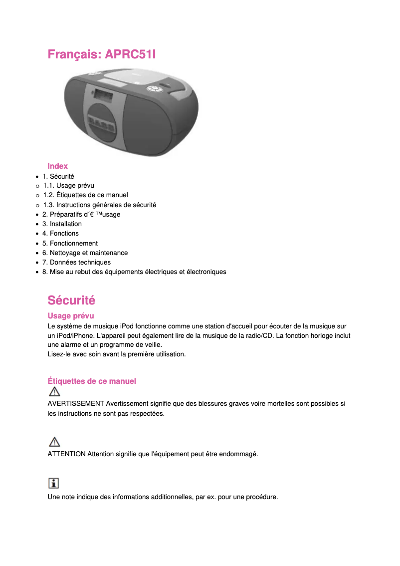 Image de la première page du manuel de l'appareil APRC51I