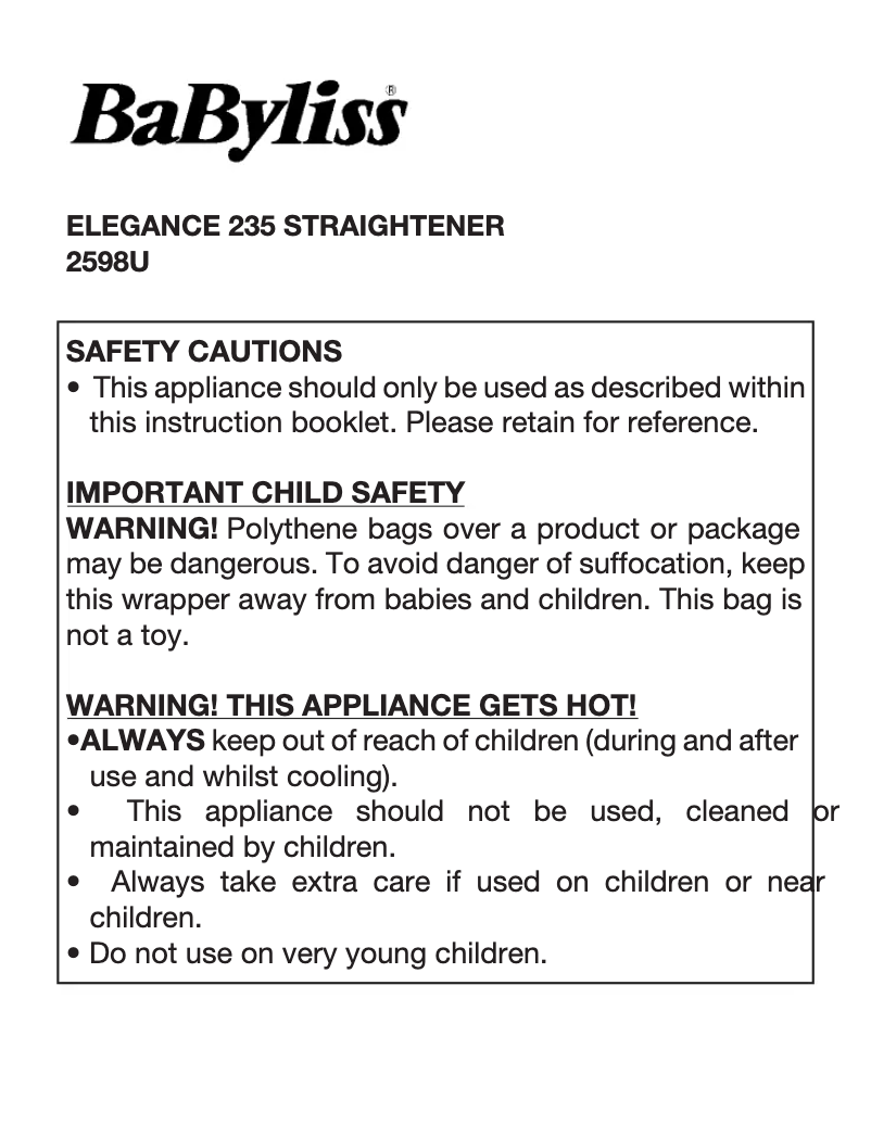 Page 1 de la notice Manuel utilisateur BaByliss Elegance 235 2598BU