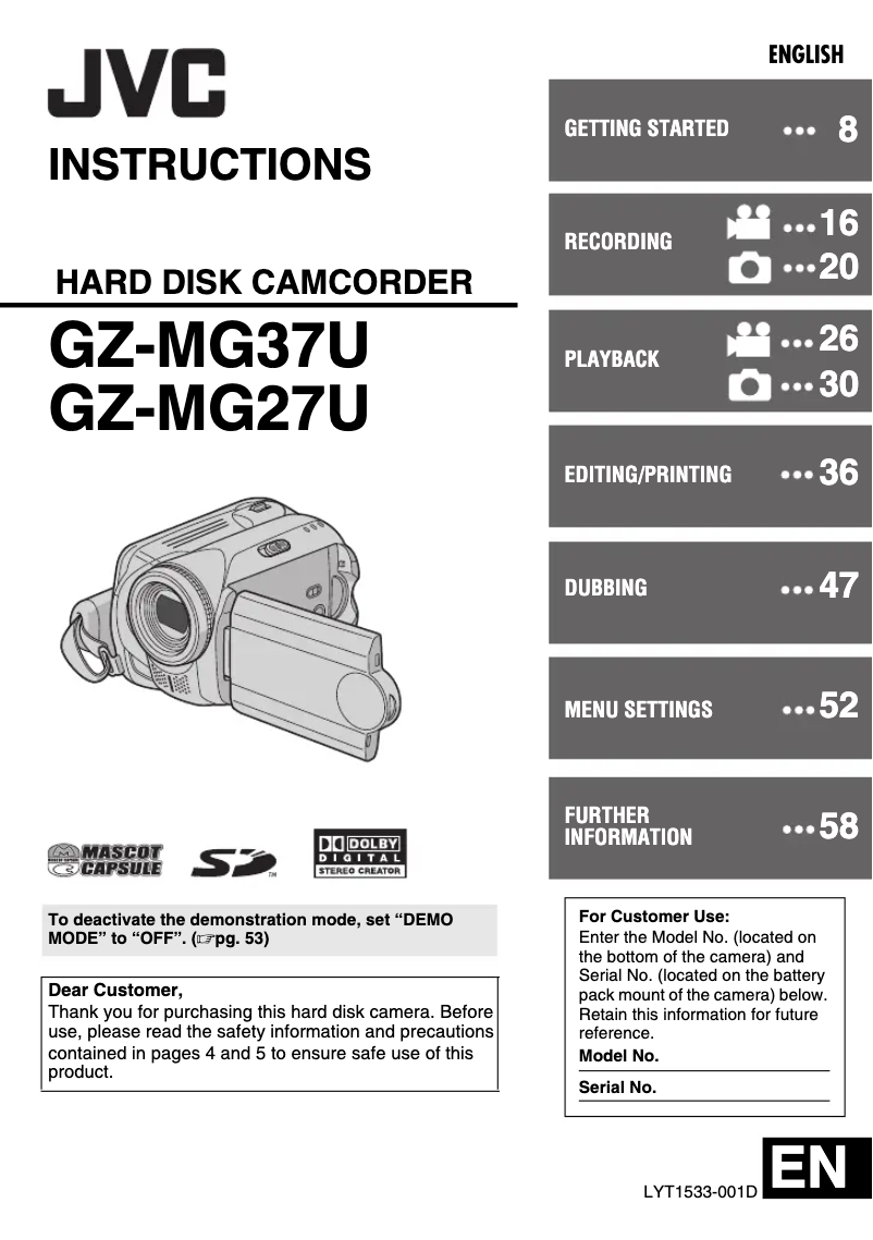 Image de la première page du manuel de l'appareil Everio GZ-MG27