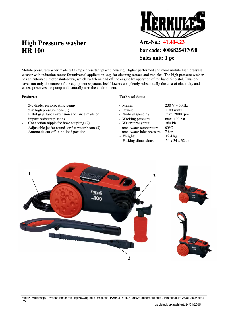 Page 1 de la notice Fiche technique Herkules HR 100