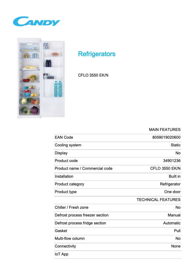 Page 1 de la notice Fiche technique Candy CFLO 3550 EK/N