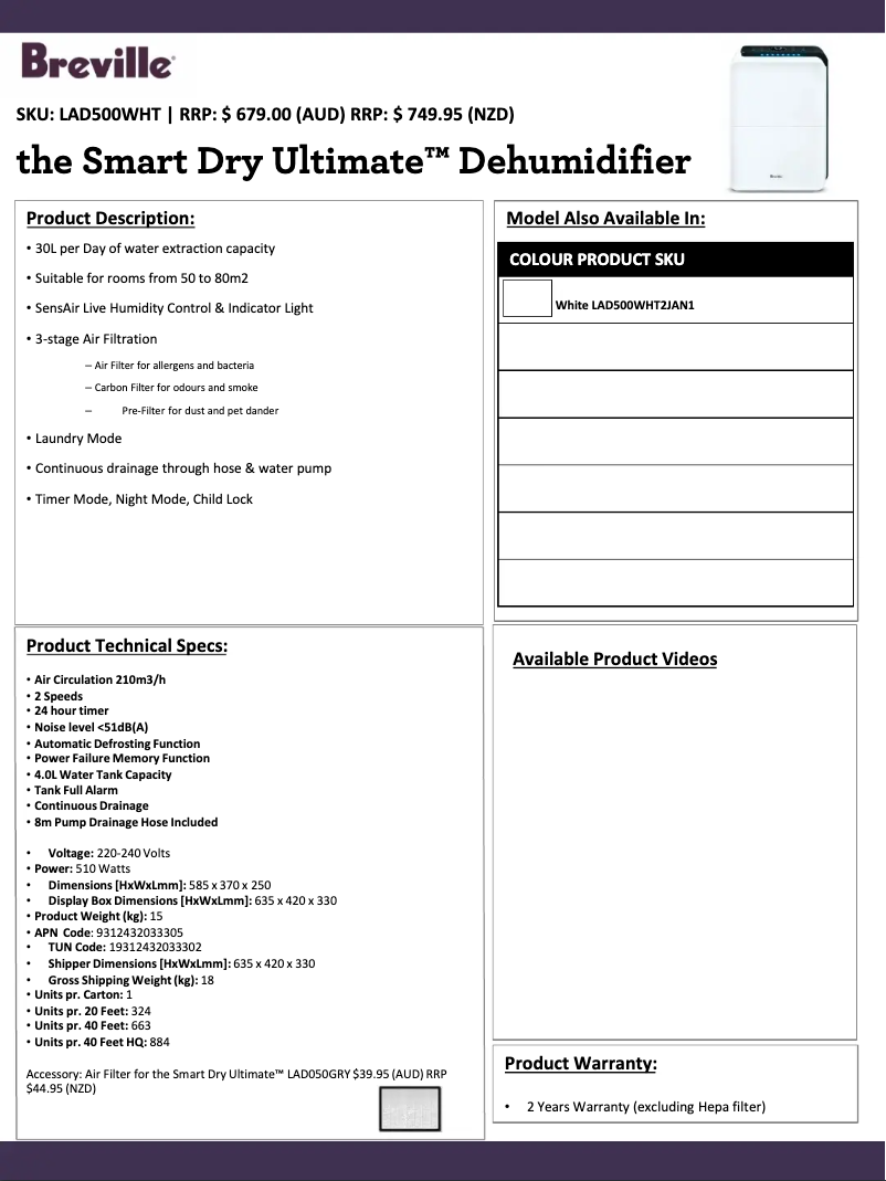 Page 1 de la notice Fiche technique Breville The Smart Dry Ultimate LAD500