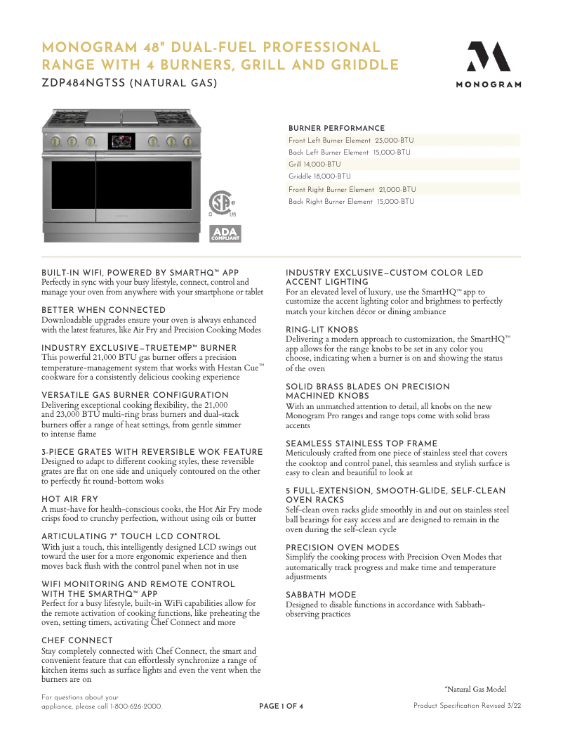 Page 1 de la notice Fiche technique Monogram ZDP484NGTSS