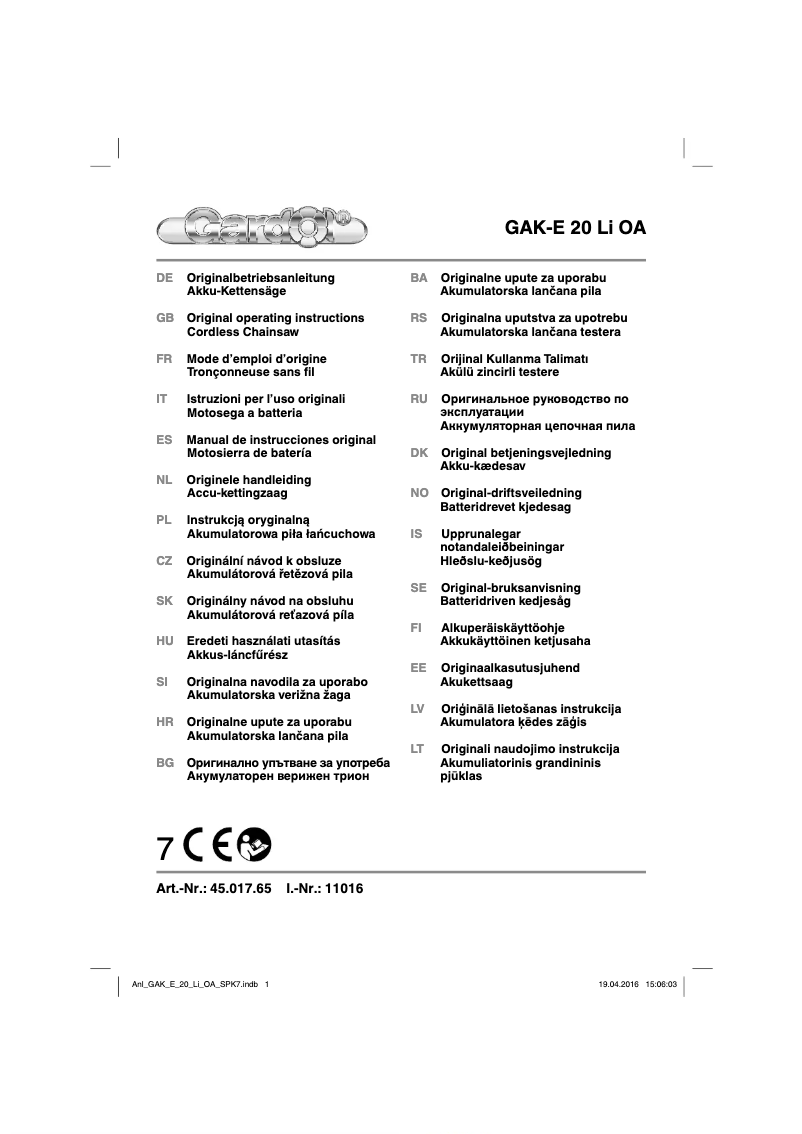 Image de la première page du manuel de l'appareil GAK-E 20 Li OA