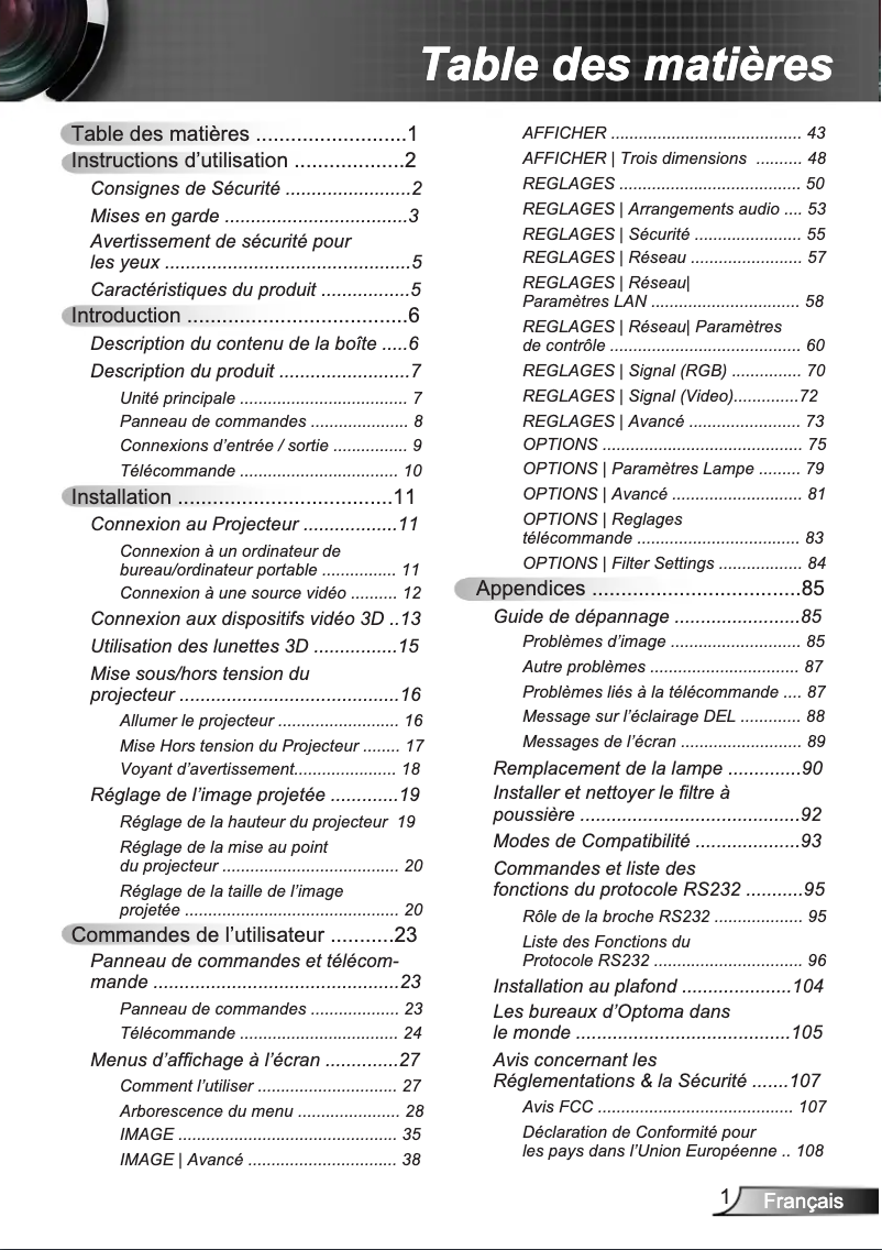 Page 1 de la notice Manuel utilisateur Optoma GT5500