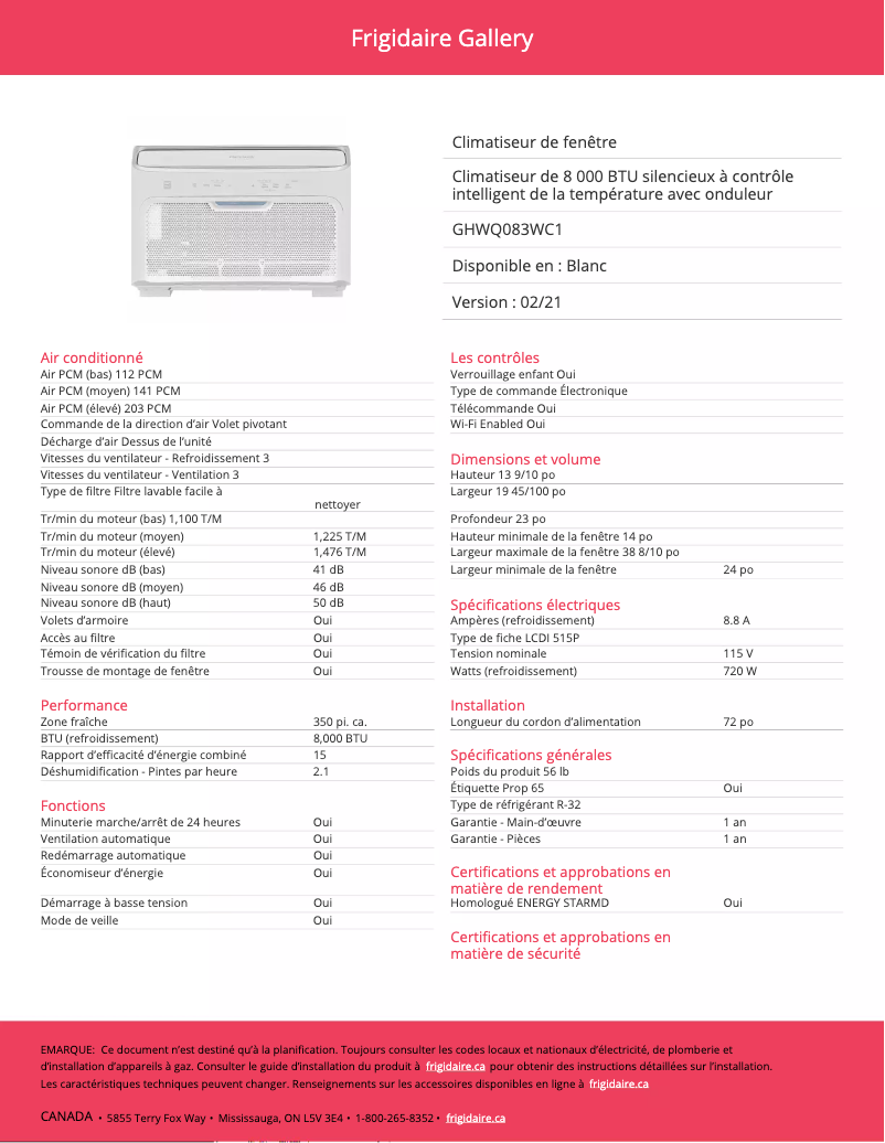 Page 1 de la notice Fiche technique Frigidaire GHWQ083WC1
