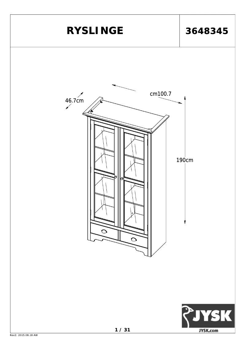 Page 1 de la notice Manuel utilisateur JYSK Ryslinge (101x190x47)