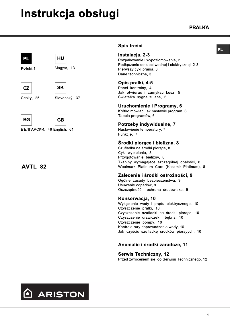 Page 1 de la notice Manuel utilisateur Ariston Thermo AVTL82