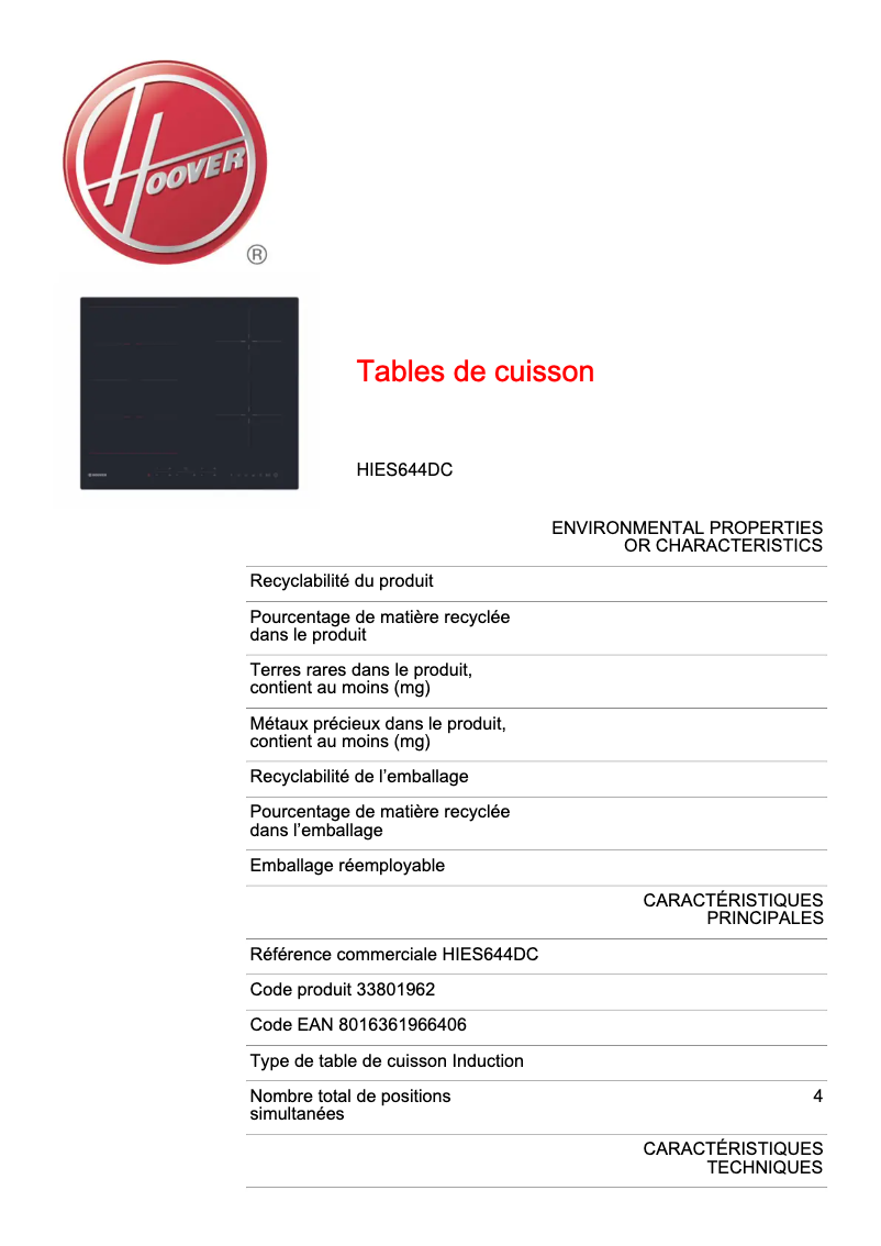 Page 1 de la notice Fiche technique Hoover HIES644DC