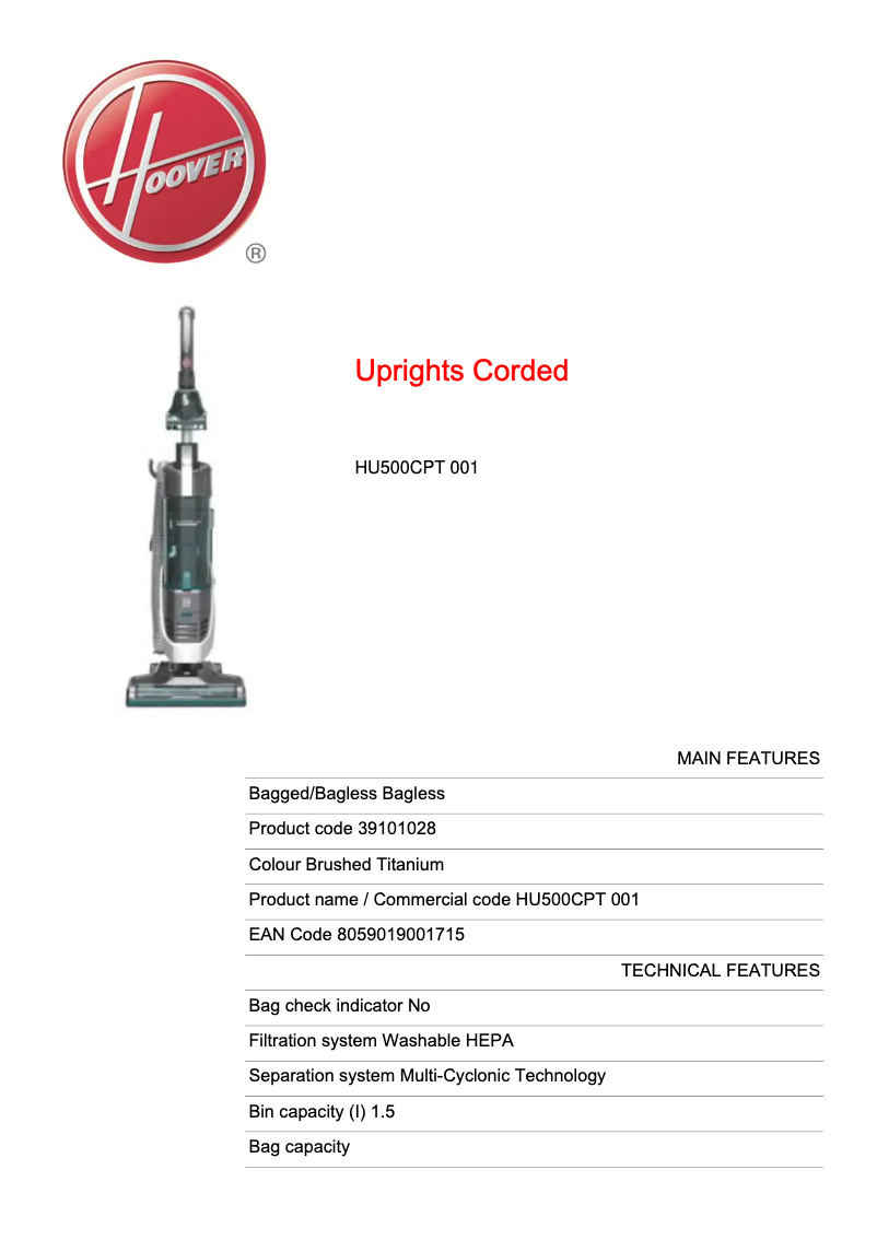 Page 1 de la notice Fiche technique Hoover H-UPRIGHT 500 HU500CPT 001