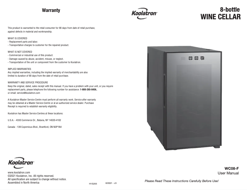 Page n°1 - Manuel utilisateur Koolatron WC08-F