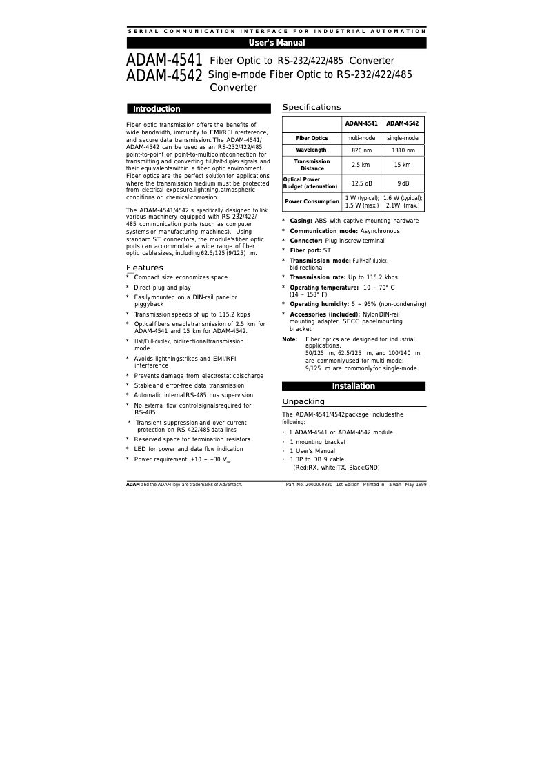 Page n°1 - Manuel utilisateur B&B Electronics ADAM-4542+