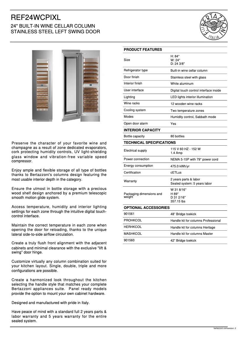 Page 1 de la notice Fiche technique Bertazzoni REF24WCPIXL