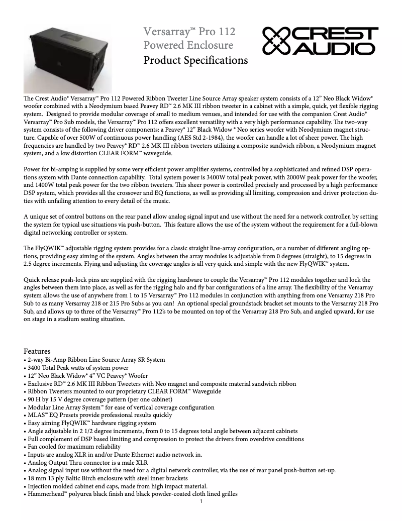 Page 1 de la notice Manuel utilisateur Crest Audio Versarray PRO 112