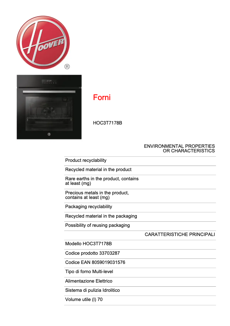 Page n°1 - Fiche technique Hoover HOC3T7178B