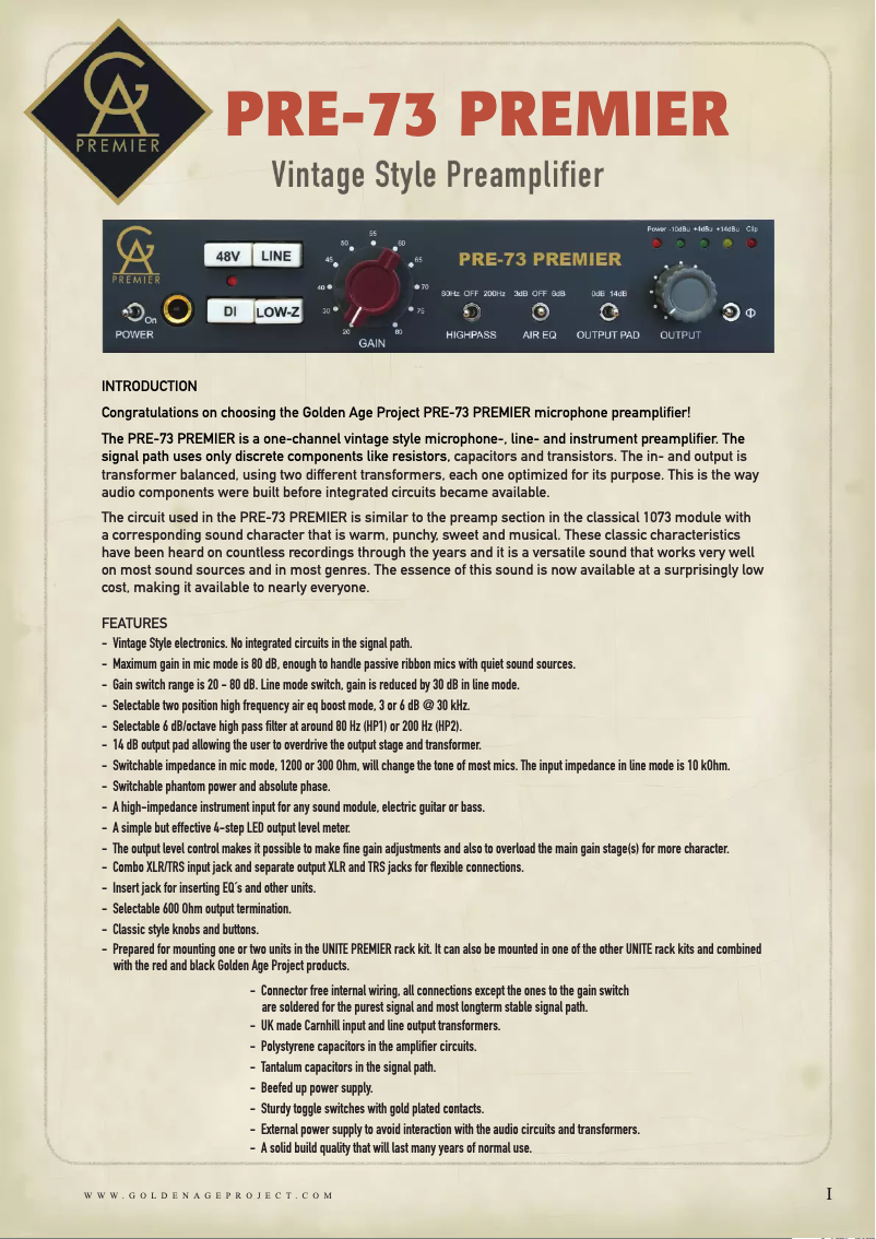 Page n°1 - Manuel utilisateur Golden Age Project PRE-73 Premier
