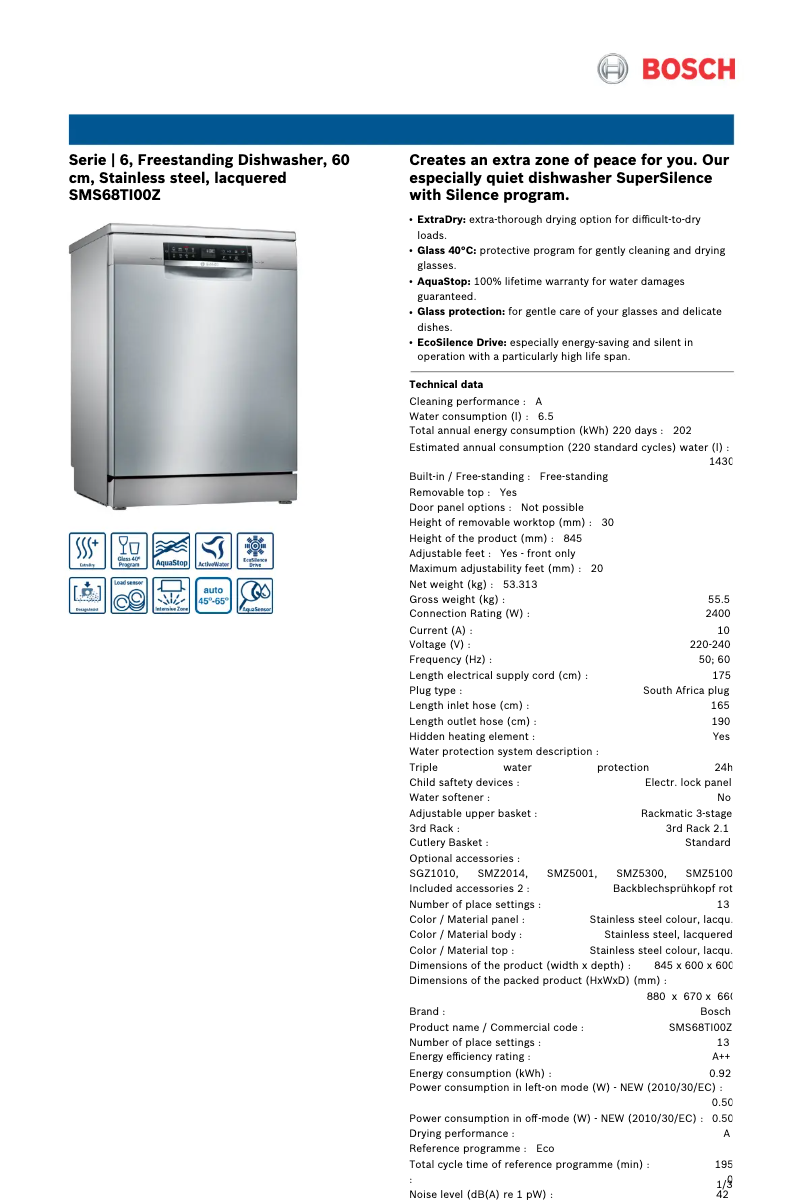Page 1 of the manual Technical Sheet Bosch SMS68TI00Z