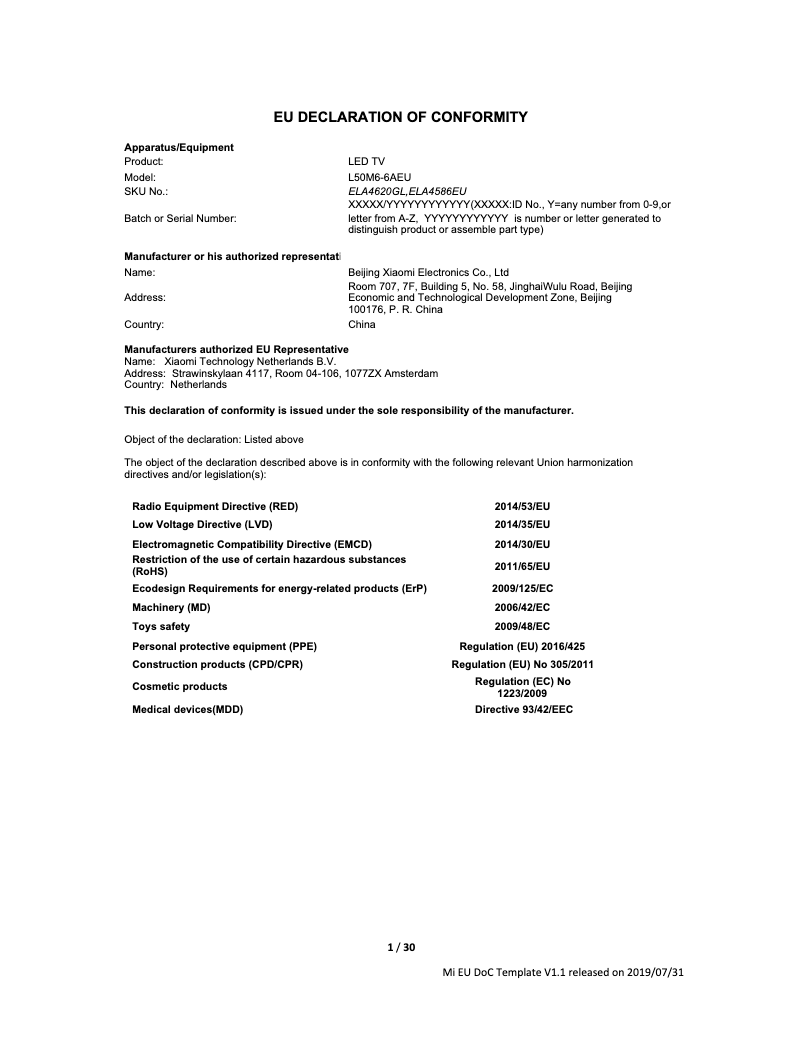 Page 1 de la notice Manuel utilisateur Xiaomi MI TV P1 50