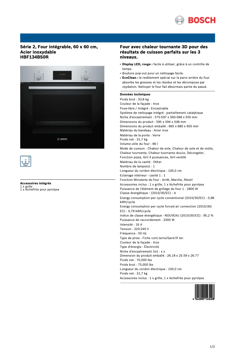 Page 1 de la notice Fiche technique Bosch HBF134BS0R