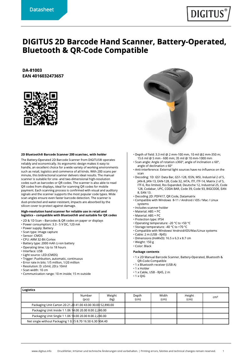 Page 1 de la notice Fiche technique Digitus DA-81003