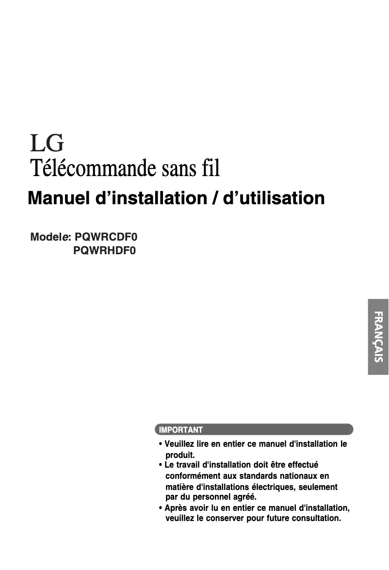 Page 1 de la notice Guide d'installation LG PQWRHDF0
