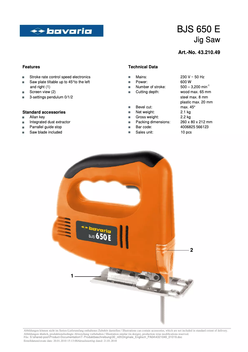 Página 1 del manual Ficha técnica Bavaria BJS 650 E