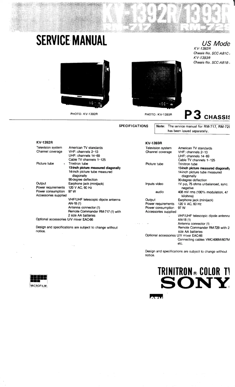 Page 1 de la notice Manuel utilisateur Sony KV-1392R