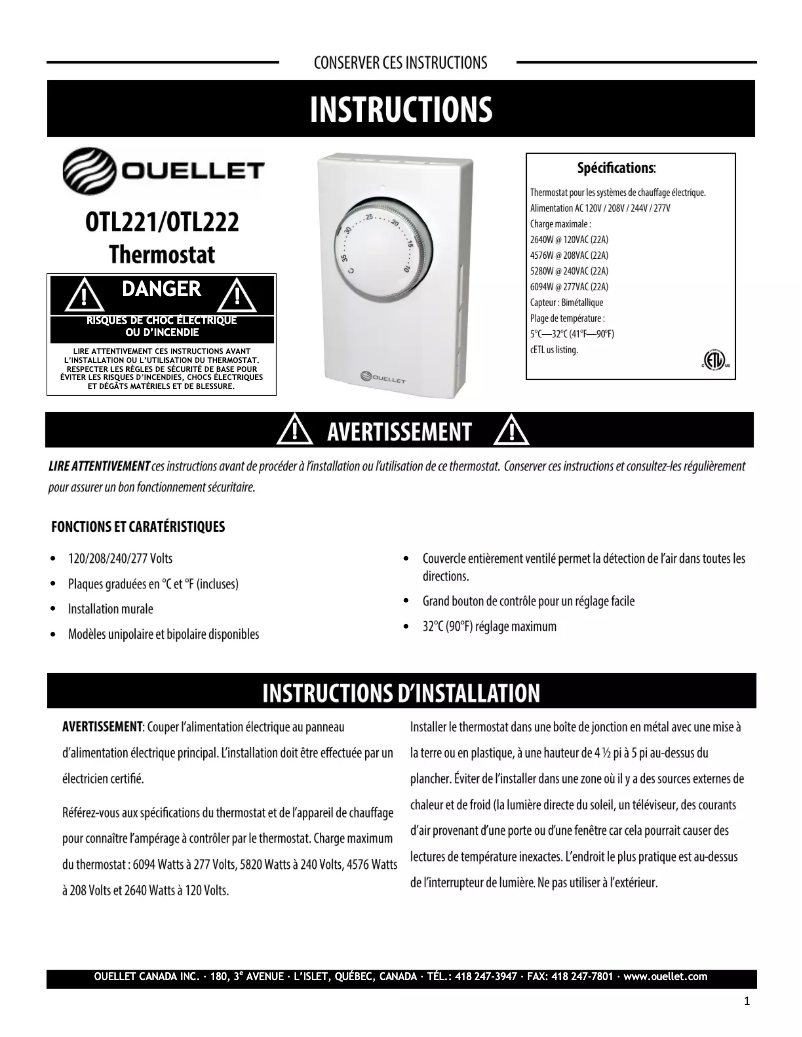 Page 1 de la notice Manuel utilisateur Ouellet OTL222