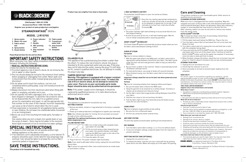Page n°1 - Manuel utilisateur Black & Decker SteamAdvantage IR1070S