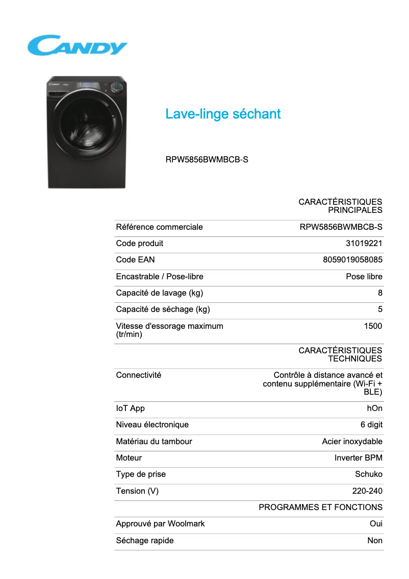 Image de la première page du manuel de l'appareil RPW5856BWMBCB-S