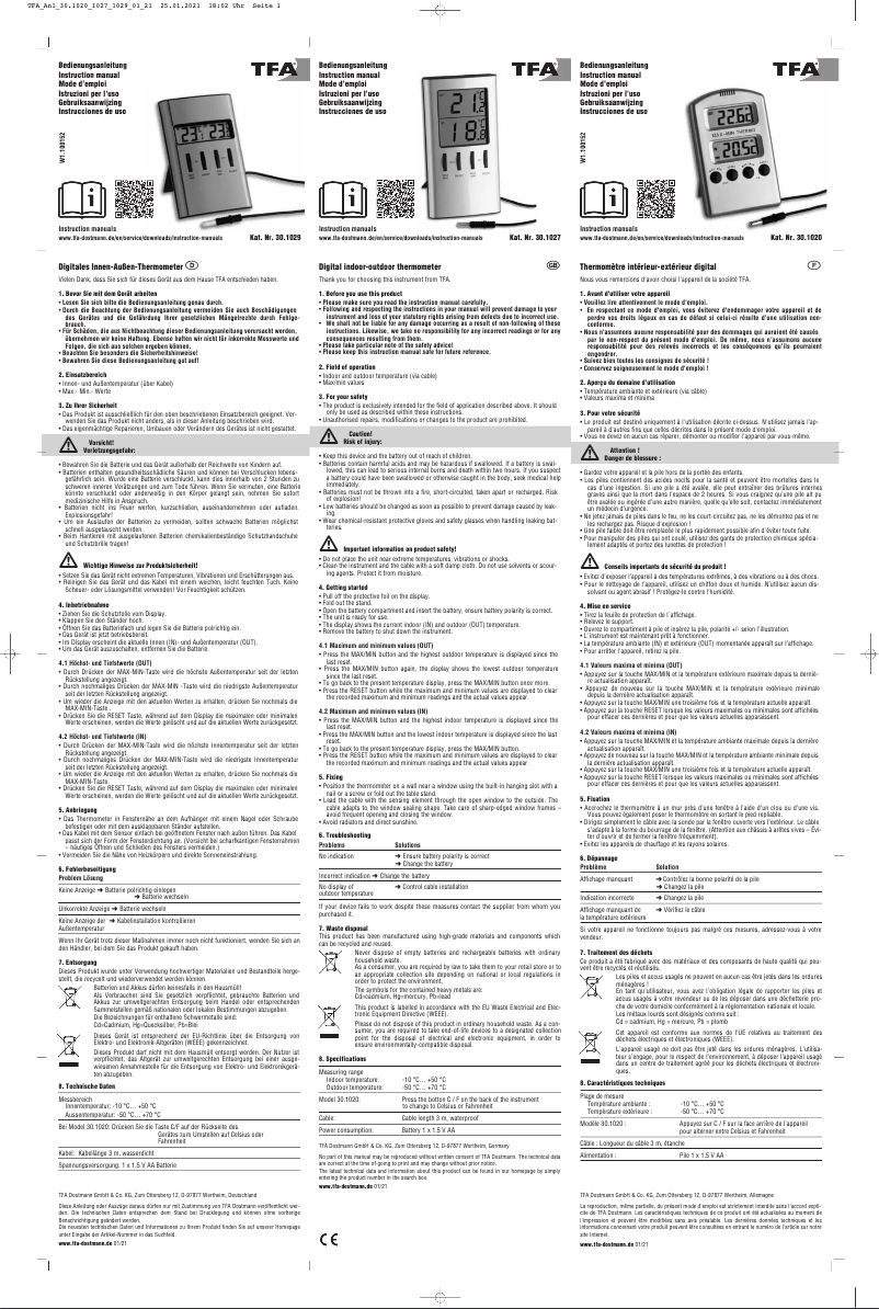 Page 1 de la notice Manuel utilisateur TFA 30.1020