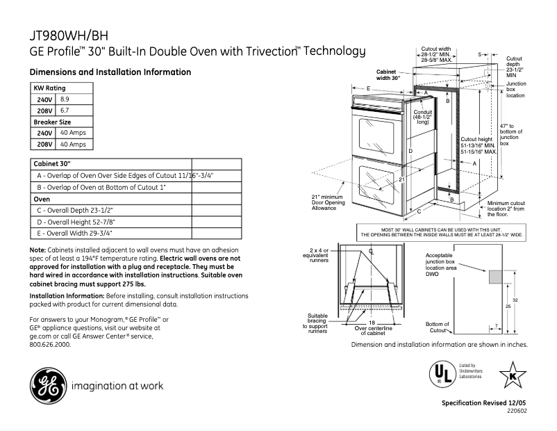 Página 1 del manual Ficha técnica GE Profile JT980WHWW