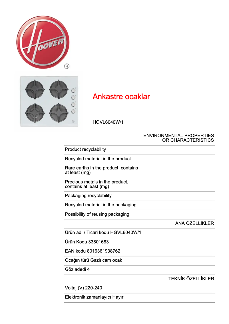 Page n°1 - Fiche technique Hoover HGVL6040W/1