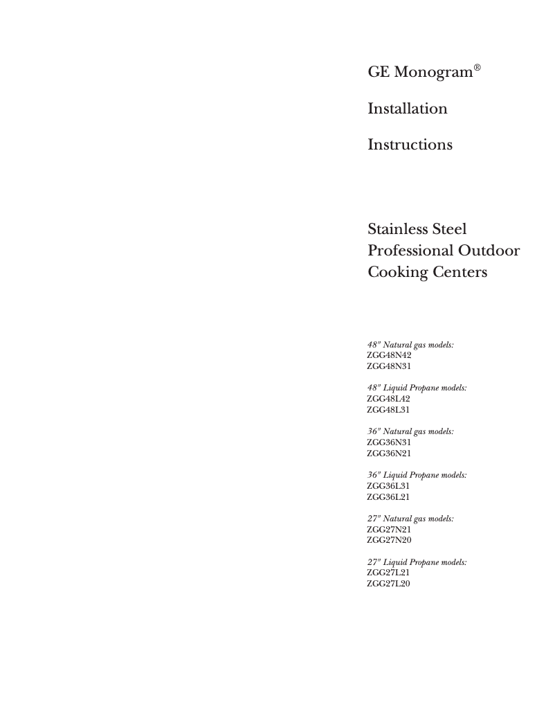 Page 1 of the manual Installation Guide GE ZGG27N20CSS